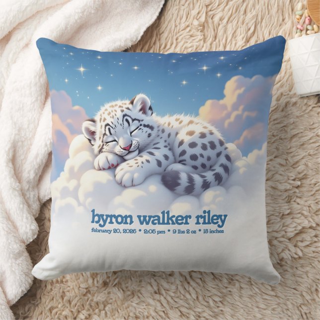 Cute Snow Leopard Asleep on Clouds Natal Throw Pillow (Blanket)