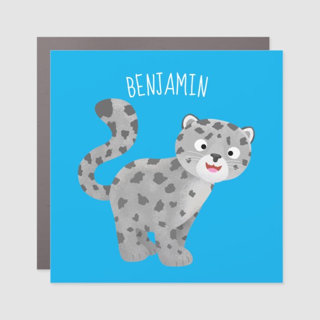 Cute snow leopard cartoon illustration car magnet (Front)