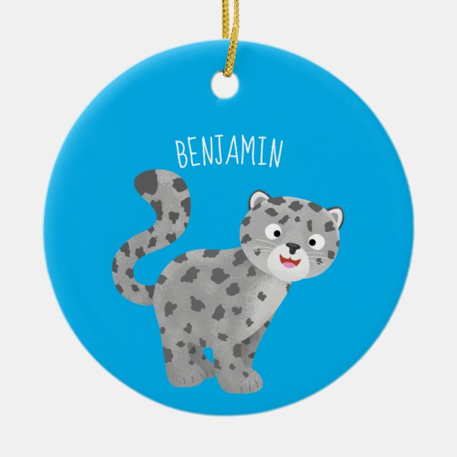 Cute snow leopard cartoon illustration ceramic ornament (Front)