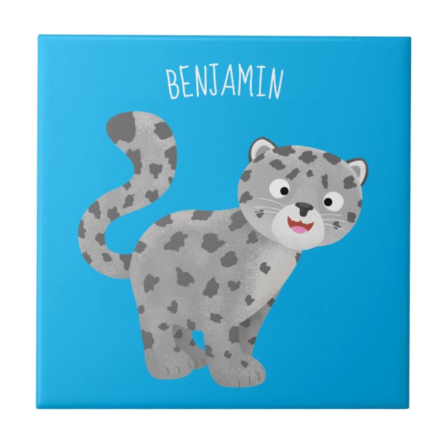Cute snow leopard cartoon illustration ceramic tile (Front)