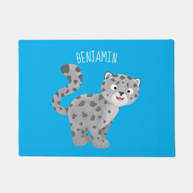 Cute snow leopard cartoon illustration doormat (Front)