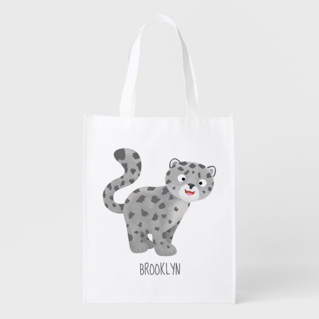 Cute snow leopard cartoon illustration grocery bag (Front)