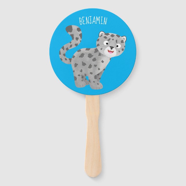 Cute snow leopard cartoon illustration hand fan (Front)
