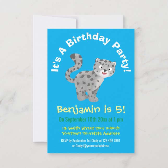 Cute snow leopard cartoon illustration invitation (Front)
