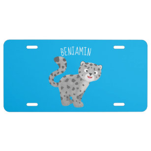 Cute snow leopard cartoon illustration license plate