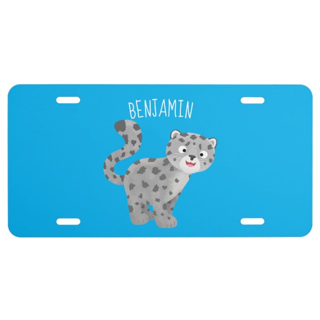 Cute snow leopard cartoon illustration license plate (Front)
