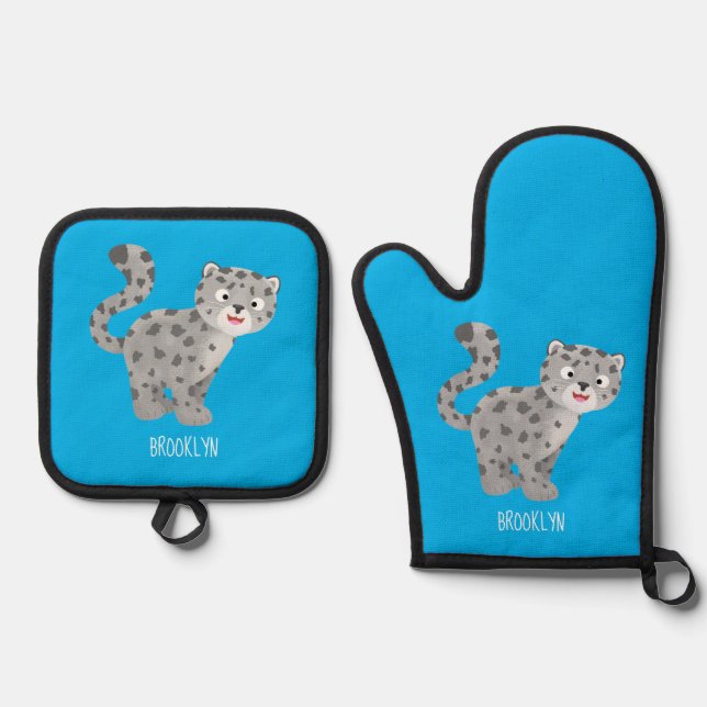Cute snow leopard cartoon illustration oven mitt & pot holder set (Front)