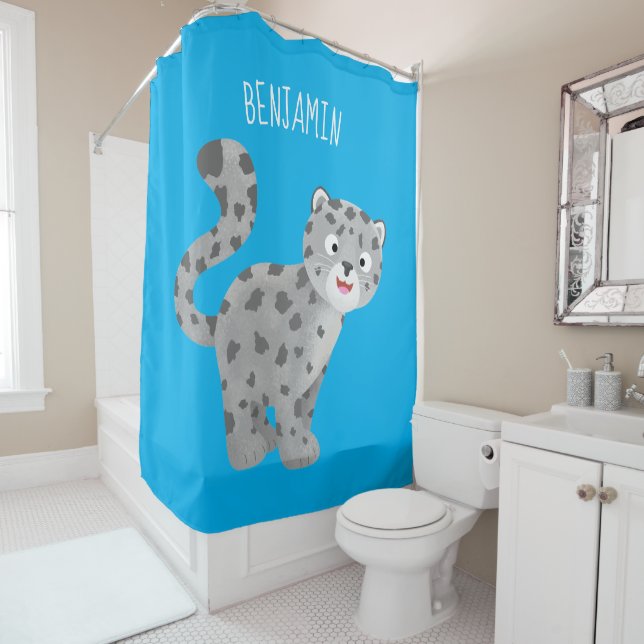 Cute snow leopard cartoon illustration shower curtain (In Situ)