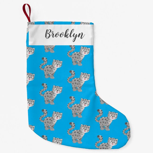 Cute snow leopard cartoon illustration small christmas stocking (Front)