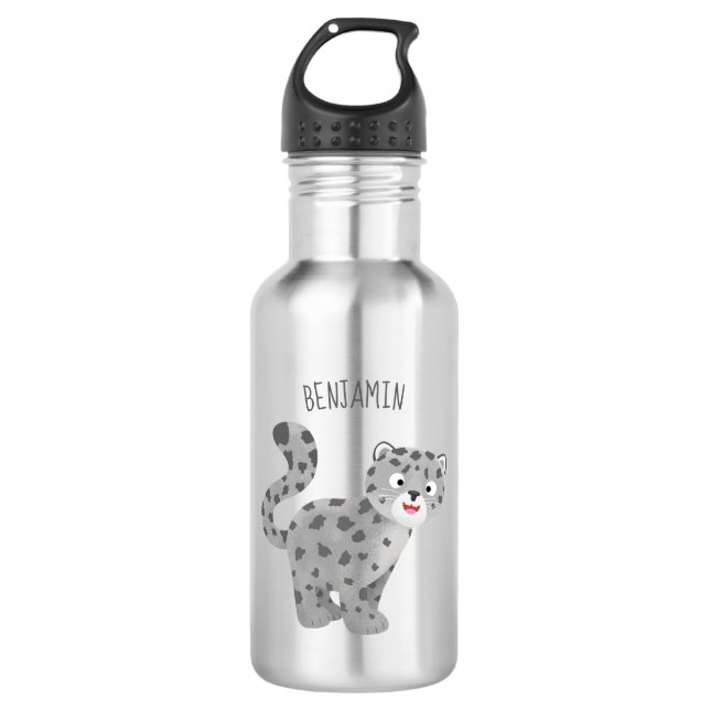 Cute snow leopard cartoon illustration stainless steel water bottle (Front)