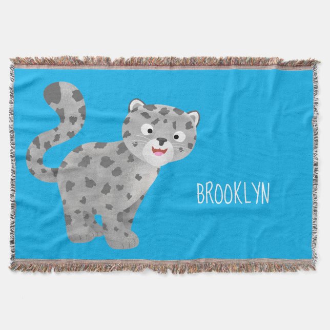 Cute snow leopard cartoon illustration throw blanket (Front)