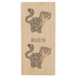 Cute snow leopard cartoon illustration  wood flash drive