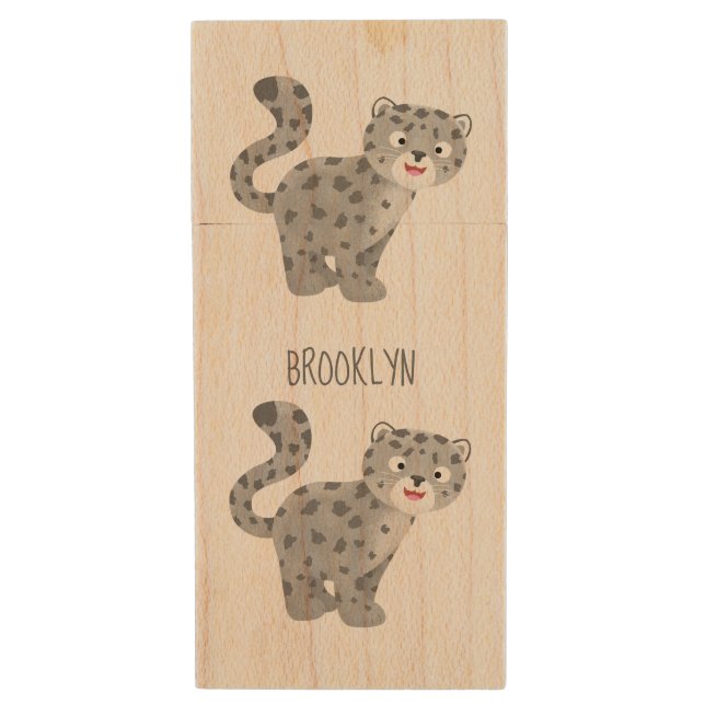 Cute snow leopard cartoon illustration  wood flash drive (Front Vertical)