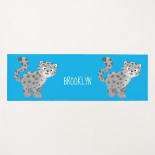 Cute snow leopard cartoon illustration yoga mat