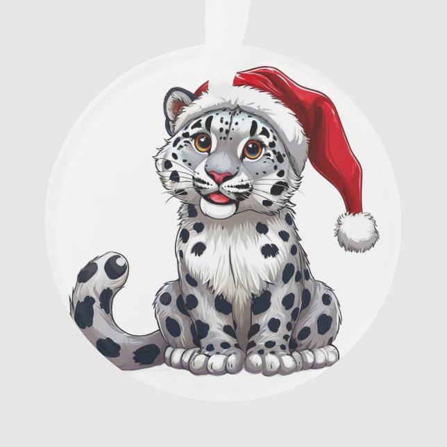 Cute Snow Leopard Cartoon in Santa Hat Ornament (Front)