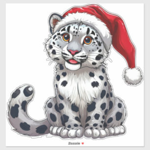 Cute Snow Leopard Cartoon in Santa Hat Sticker