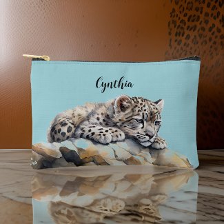 Cute Snow Leopard Cub And Light Blue Sky Monogram