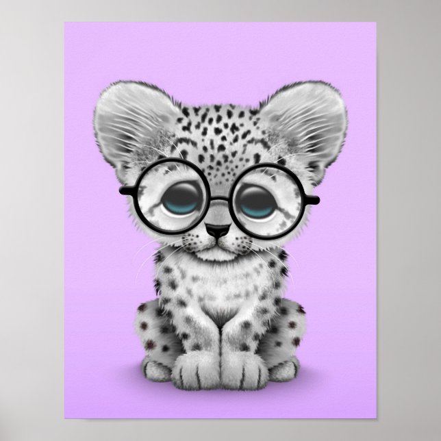 Cute Snow Leopard Cub Wearing Glasses on Purple Poster (Front)