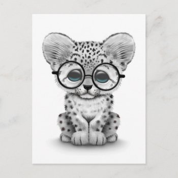 Cute Snow Leopard Cub Wearing Glasses On White Postcard by crazycreatures at Zazzle