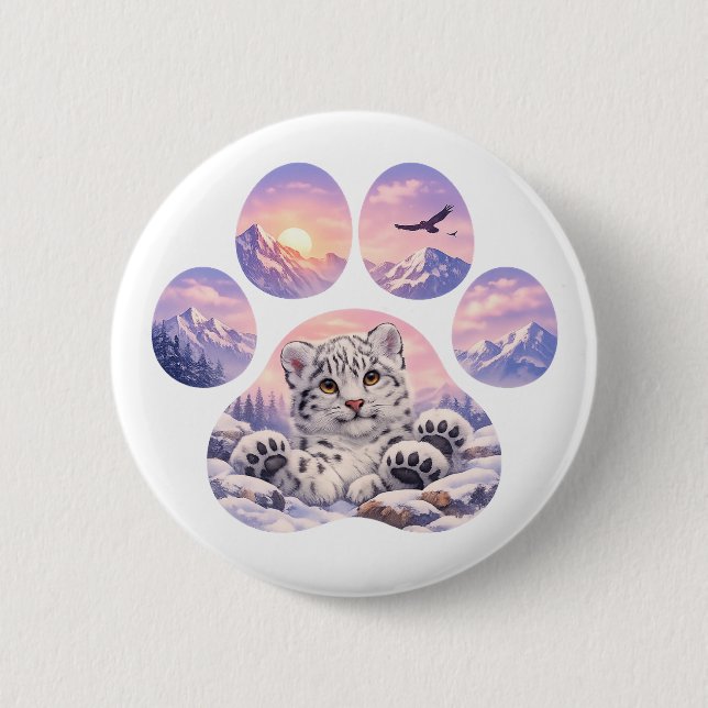 Cute Snow Leopard Paw Mountain Design Button (Front)