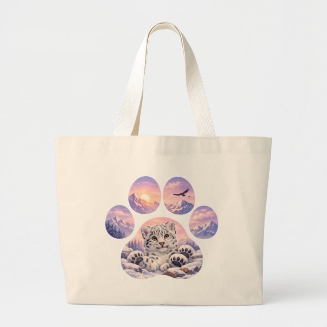Cute Snow Leopard Paw Mountain Design Large Tote Bag (Front)