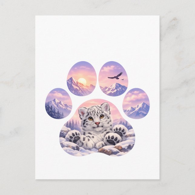 Cute Snow Leopard Paw Mountain Design Postcard (Front)