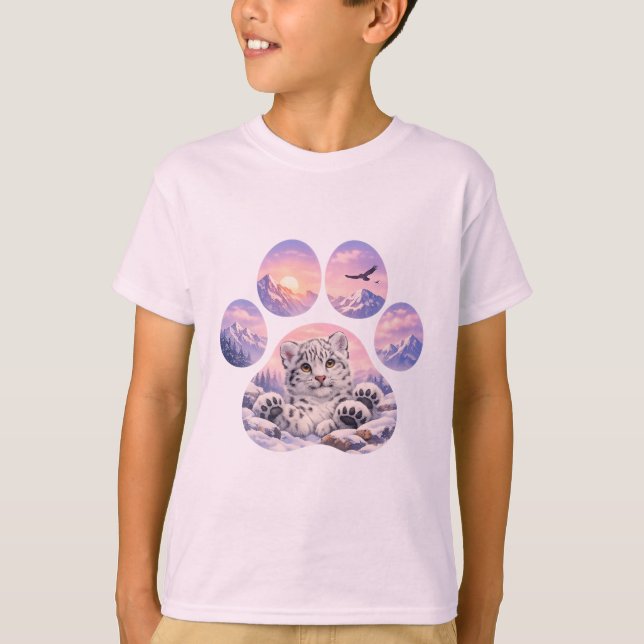 Cute Snow Leopard Paw Mountain Design T-Shirt (Front)
