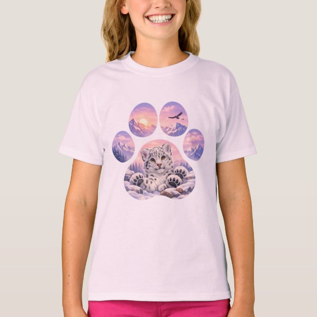 Cute Snow Leopard Paw Mountain Design T-Shirt (Front)