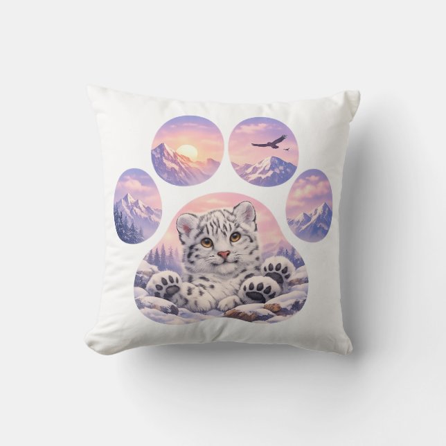 Cute Snow Leopard Paw Mountain Design Throw Pillow (Front)