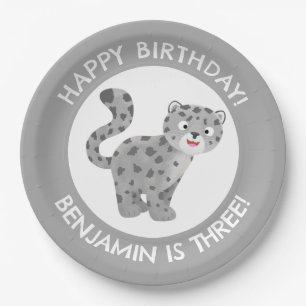 Cute snow leopard personalized cartoon birthday paper plates