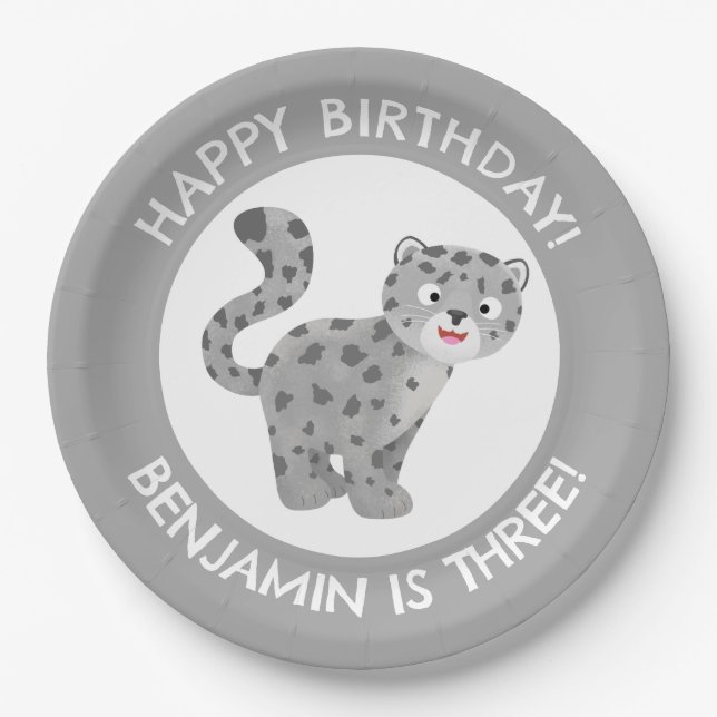 Cute snow leopard personalized cartoon birthday paper plates (Front)