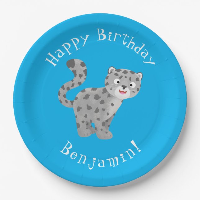 Cute snow leopard personalized cartoon birthday paper plates (Front)
