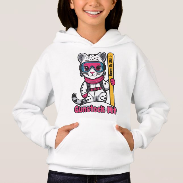 Cute Snow Leopard Skiing Gunstock Mountain Hoodie (Front)