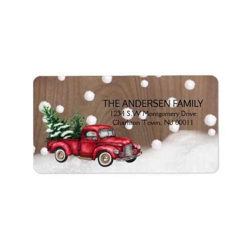 Cute Snow Little Red Christmas Truck Wood Label