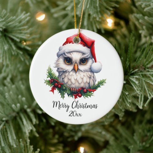 Cute Snow Owl in Santa Hat Holly Custom Ceramic Ornament