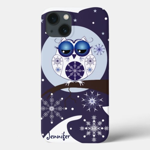 Cute Snow Owl snowflakes and custom Name iPhone 13 Case