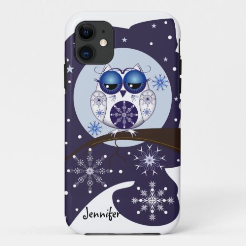 Cute Snow Owl snowflakes and custom Name iPhone 11 Case