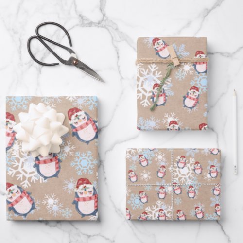 Cute Snow Penguins On Kraft Christmas Wrapping Paper Sheets