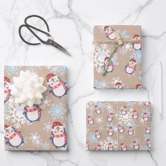 Cute Snow Penguins On Kraft Christmas Wrapping Paper Sheets (Front)