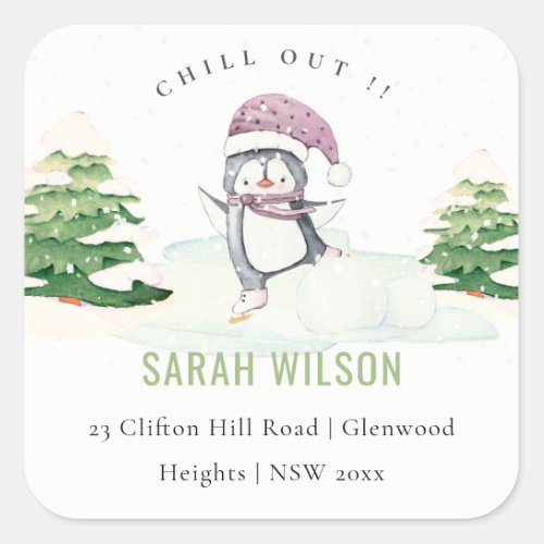 Cute Snow Pine Tree Winter Penguin Kids Address Square Sticker