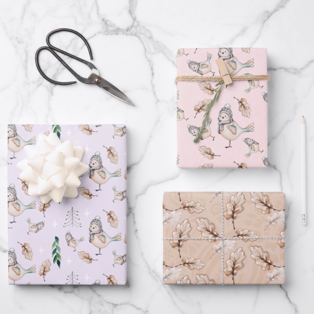 Cute Snow Sparrow Watercolour Hand-painted Wrapping Paper Sheets (Front)