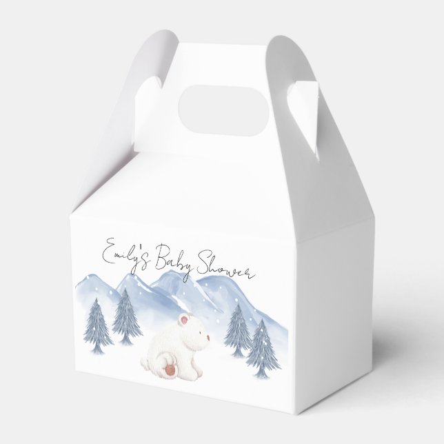 Cute Snow Winter Mountain Polar Bear Baby Shower Favor Boxes (Front Side)