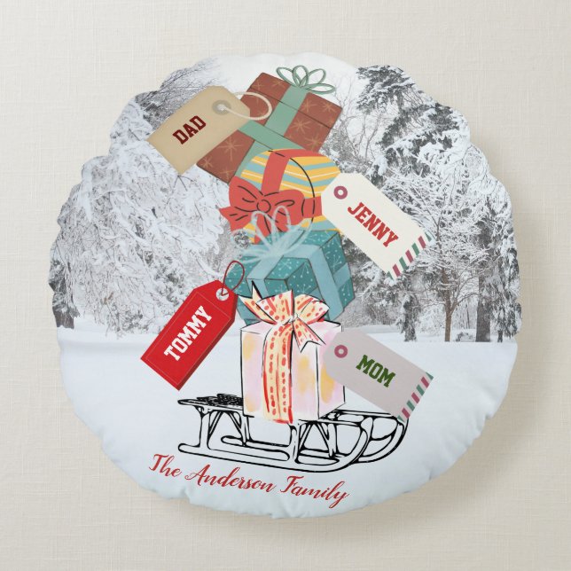 Cute Snow Winter Sleigh Red White Family Christmas Round Pillow (Front)