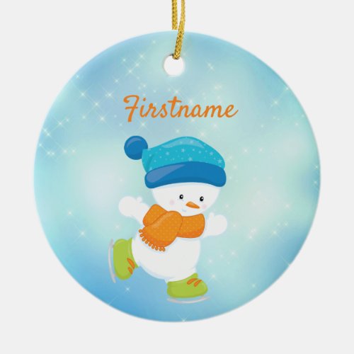 Cute snowbaby blue and orange ice skating ceramic ornament