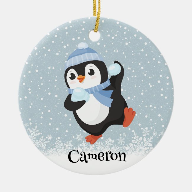 Cute Snowball Throwing Penguin Ornament