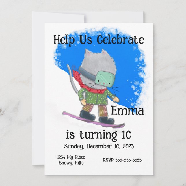 Cute Snowboarding Cat Birthday, Personalize  Invitation (Front)