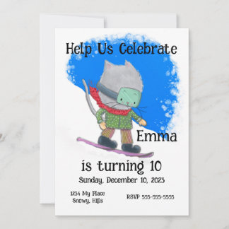 Cute Snowboarding Cat Birthday, Personalize Invitation