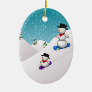 Cute Snowboarding Snowmen Ceramic Ornament