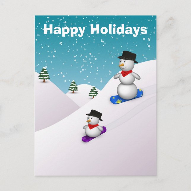 Cute Snowboarding Snowmen Happy Holiday Postcard (Front)