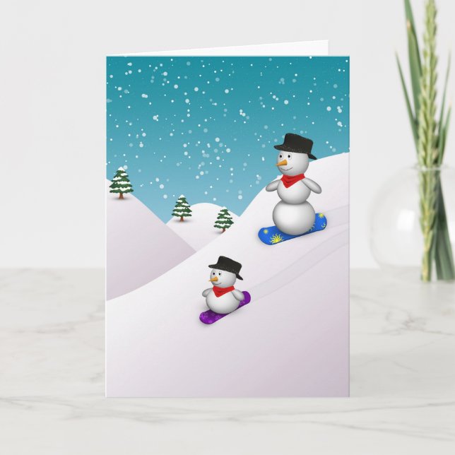 Cute Snowboarding Snowmen Holiday Card (Front)
